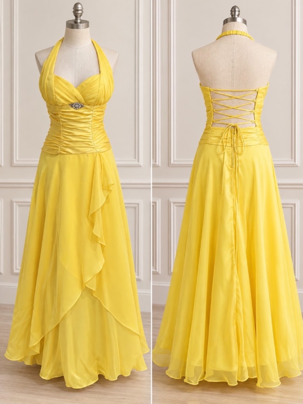 Masquerade Women's Yellow Halter Formal Gown Prom Evening Dress Size 5/6